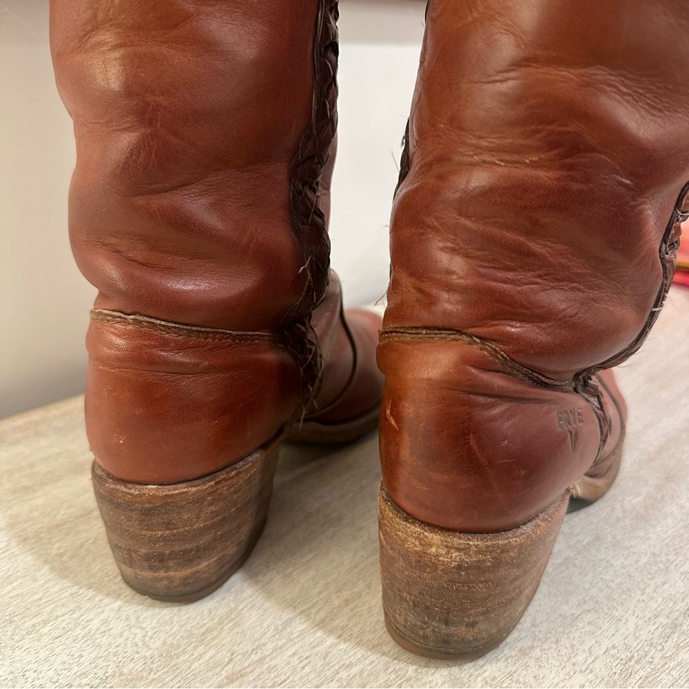 Frye Vintage Braided Sabrina Amber Brown Knee High Tall Boot Women's size 6 - Picture 9 of 16